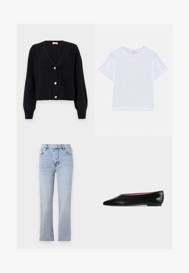Cardigan noir à col en V avec manches longues et trois boutons décoratifs en forme de cœur sur le devant.; T-shirt blanc court en coton doux, avec un col rond et des manches courtes, d'ajustement légèrement décontracté. Pas de motifs ni d'accents.; Jean en denim bleu clair avec une coupe droite, cinq poches, une fermeture à bouton et zip, et des détails de couture visibles.; Chaussure plate en cuir noir pour femme, avec bout pointu et petit talon, vue de côté sur un fond gris clair uni.