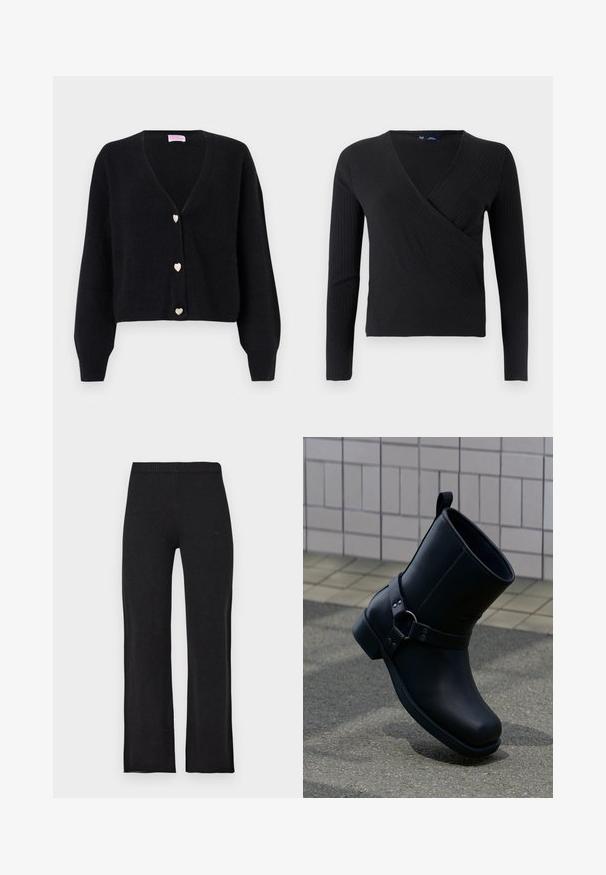 Cardigan noir à col en V avec manches longues et trois boutons décoratifs en forme de cœur sur le devant.; Haut cache-cœur noir à manches longues côtelées avec un col en V et une silhouette ajustée. Texture douce et style minimaliste.; Pantalon droit noir en maille avec taille élastique, présenté à plat sur fond clair.; Bottine en cuir noir avec une bride et un détail d’anneau en métal, présentée sur un trottoir gris avec un mur carrelé en arrière-plan.