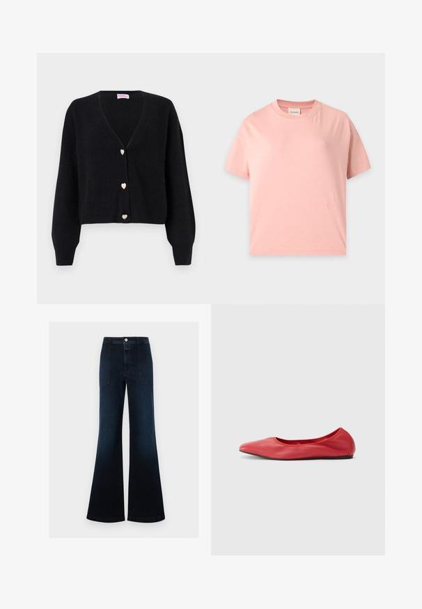 Cardigan noir à col en V avec manches longues et trois boutons décoratifs en forme de cœur sur le devant.; T-shirt à manches courtes rose clair avec un col rond, une coupe droite et un petit logo brodé ton sur ton près de l’ourlet inférieur.; Jean large bleu foncé à taille haute, poches plaquées à l'avant, fermeture par bouton, sans usure visible ni ornements.; Filippa K REY FLATS - Ballerines - bright red