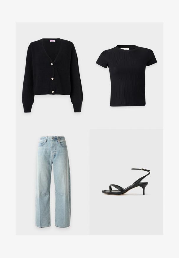 Sort cardigan med V-hals, lange ærmer og tre dekorative hjerteformede knapper foran.; Sort ribbet kortærmet crop top med rund hals lavet af elastisk stof.; Lyseblå vide jeans lavet af denim. Har en høj talje, to forlommer og en lige benlængde med let fading i stoffet.; Sort damesandal i læder med tynde remme, en tå-loop, ankelspænde og en mellemhøj stiletthæl på en neutral baggrund.