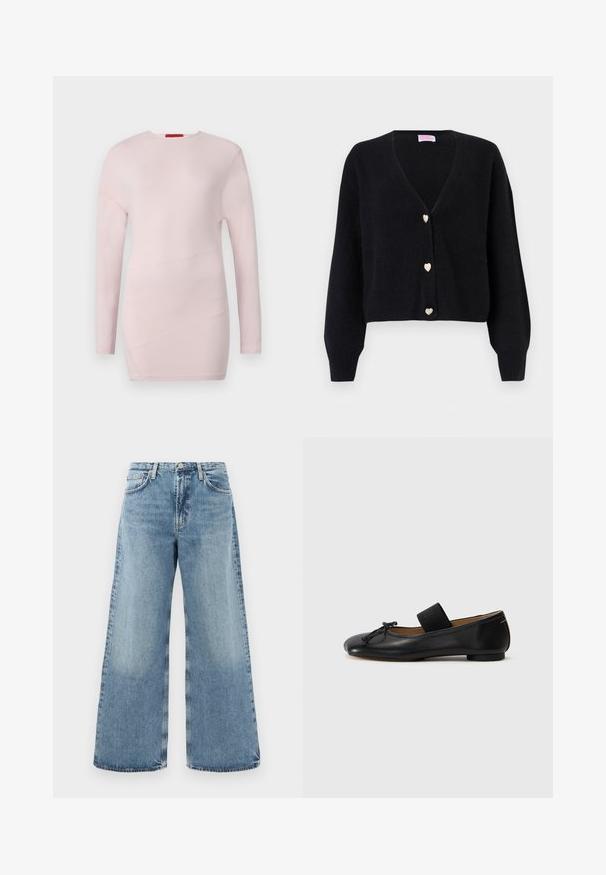 Sort cardigan med V-hals, lange ærmer og tre dekorative hjerteformede knapper foran.; Lyserød bluse med lange ærmer og rund hals, med diagonale sømdetaljer og en glat tekstur.; Lysblå denimwide-leg jeans med høj talje, traditionelt fem-lomme design, synlige sømme og en rå kant.; Sorte læder ballet flats med en rund tå, en lille knude detalje og et elastisk bånd over vristen for en sikker pasform. Flad sål.