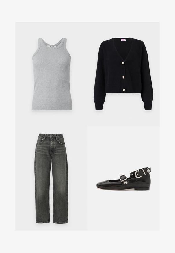 Sort cardigan med V-hals, lange ærmer og tre dekorative hjerteformede knapper foran.; Grå ribbet tanktop med rund halsudskæring og brede skulderstropper. Stoffet har en blød tekstur og en tætsiddende silhuet.; Won Hundred ALEXANDRA - Jeans Relaxed Fit - tinted black; Sorte patenteret lædersko med firkantet tå, ankelrem med sølvhardware og flad sål. Glat tekstur med minimalistisk design.