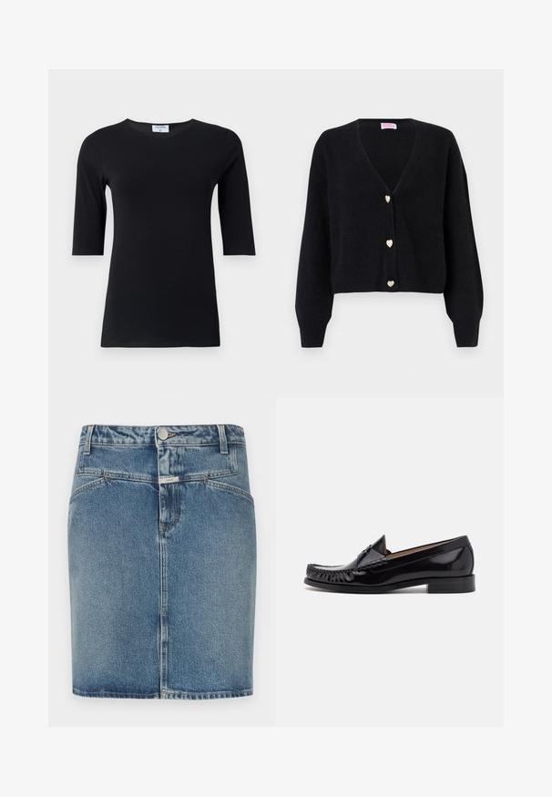 Cardigan noir à col en V avec manches longues et trois boutons décoratifs en forme de cœur sur le devant.; Haut noir à manches longues fabriqué en tissu doux et extensible. Dispose d'un col rond et d'une silhouette ajustée avec des manches de longueur intermédiaire.; Jupe en denim bleu clair, avec une coupe ajustée, un style cinq poches, une fermeture à boutons sur le devant et des détails de coutures visibles.; Mocassin en cuir noir avec une finition brillante, présentant des franges à l'avant et un petit talon empilé.
