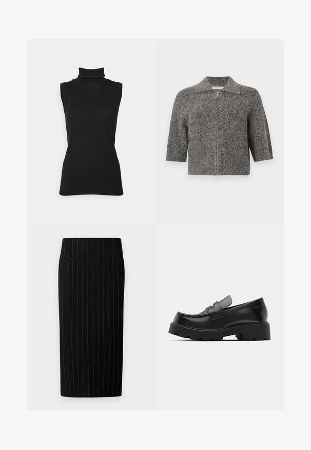 Cardigan court en tricot gris à manches courtes avec col et fermeture à glissière métallique à l'avant, présenté sur un fond blanc uni.; Top noir sans manches en maille côtelée, avec un col haut et une silhouette ajustée. Texture lisse avec un minimum de détails.; Jupe crayon noire avec des rayures verticales étroites, dotée de deux poches avant et d'une texture lisse. Le design est ajusté et arrive au genou.; Mocassins en cuir noir avec une semelle épaisse et texturée, dotés d'une sangle sur le vamp et d'une finition lisse et polie.
