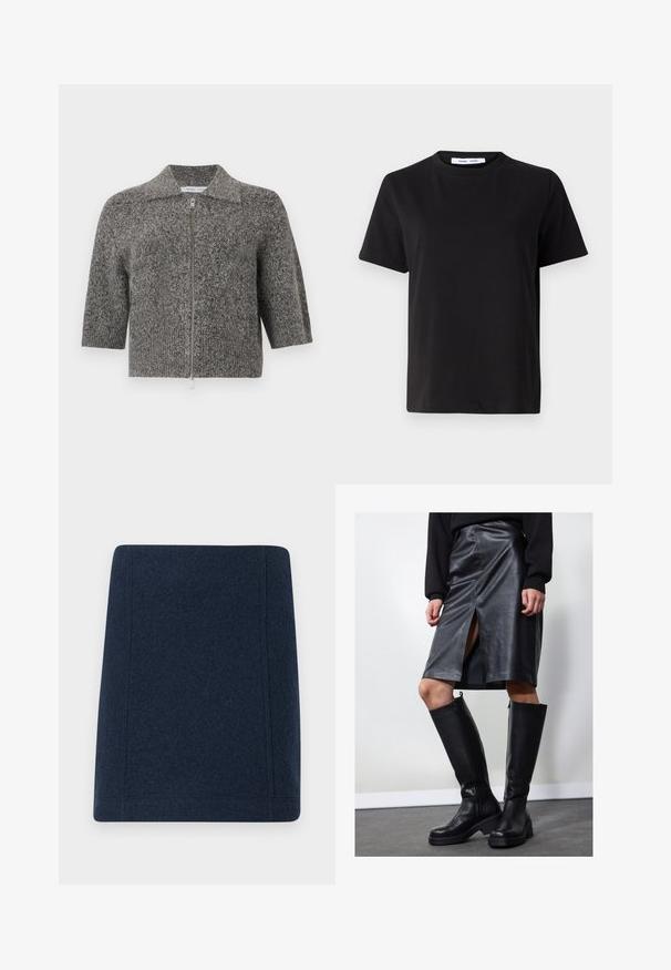 Grå strikket kortærmet cardigan med krave og frontmetallzipper, præsenteret på en ensfarvet hvid baggrund.; Sort t-shirt med korte ærmer fremstillet af blødt bomuld, med rund halsudskæring, afslappet pasform og en glat overflade. Ingen synlige mønstre eller grafik.; Marine uld mini nederdel med en lige form, flade sømme og en glat tekstur. Ingen synlige mønstre eller udsmykninger.; Sort læder blyantskirt med forkort slit, parret med knæhøje sorte støvler med lynlås og en kraftig sål for ekstra højde.