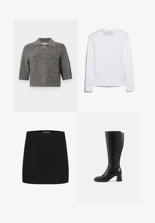 Grå strikket kortærmet cardigan med krave og frontmetallzipper, præsenteret på en ensfarvet hvid baggrund.; Langærmet hvid T-shirt lavet af ribbet bomuld, med rund halsudskæring og lige kant. Simpelt design uden mønstre eller accenter.; Sort mini-skjorte lavet af tekstureret stof, med en simpel, lige skæring uden synlige udsmykninger eller mønstre.; Sort knæhøj læderstøvle med blokhæl og rundet tå, vist fra siden på en ensfarvet baggrund.