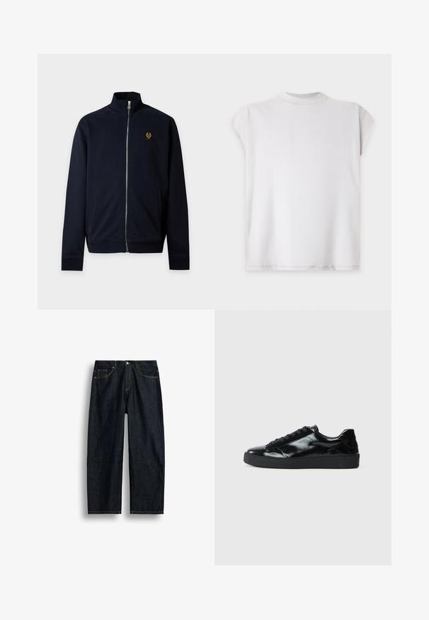 Marineblauw jasje met rits, opstaande kraag, twee zijzakken en een klein logo op de borst aan de linkerkant.; Effen wit t-shirt met korte mouwen en een ronde hals, plat uitgespreid op een lichte achtergrond.; Donkerblauwe straight-leg spijkerbroek met gele stiksels, voorzakken en een knoopsluiting in de taille.; Zwarte gepatenteerde leren sneakers met een ronde neus, vetersluiting, een gestructureerde rubberen zool en een glanzende afwerking.