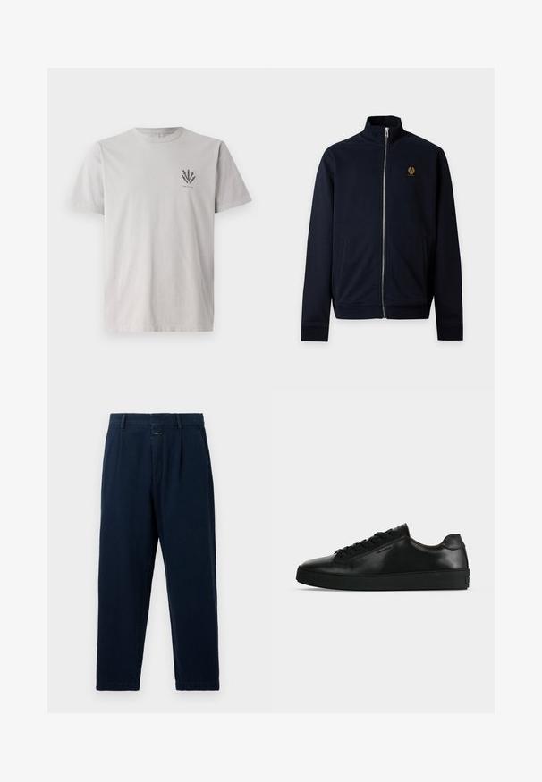 Veste zippée bleu marine avec col montant, deux poches latérales et un petit écusson logo sur la poitrine côté gauche.; T-shirt en coton gris à manches courtes, comportant un petit motif graphique sombre sur la zone gauche de la poitrine. Style classique à encolure ronde.; CLOSED BLOMBERG - Jean baggy - dark blue; Basket basse en cuir noir avec lacets noirs et semelle épaisse noire, vue de profil sur fond gris clair.
