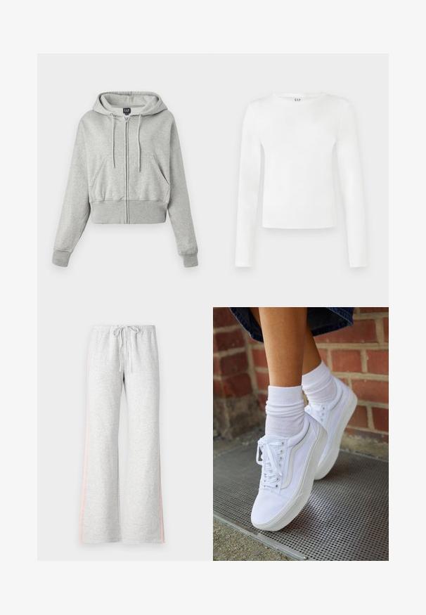 Geknipte grijze hoodie van zacht materiaal, met een ritssluiting aan de voorkant, een capuchon met trekkoord en twee voorzakken met geribbelde manchetten.; Langsleeve, ronde hals shirt in effen witte stof. Heeft een aansluitende pasvorm met een gladde textuur en een subtiele merklogo bij de hals.; Grijze sweatpants met een drawstring taille, rechte pijpen en een lichtroze zijstreep. Gemaakt van zachte, comfortabele stof.; Witte canvas sneakers met rubberen zolen, voorzien van zes vetertjes, een ronde neus en lichte stikdetails, gecombineerd met witte enkelsokken.
