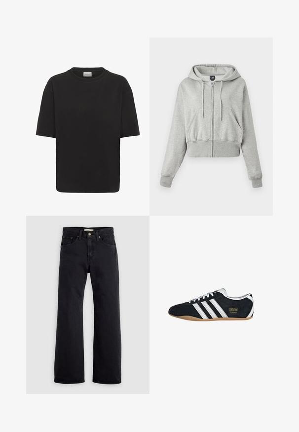Haut gris coupé en tissu doux, avec une fermeture éclair à l'avant, une capuche avec cordon de serrage et deux poches avant avec des poignets côtelés.; T-shirt noir à manches courtes, coupe ample, avec col rond et étiquette blanche visible à l'intérieur du col portant l'inscription "GESTUZ".; Jean noir taille haute à coupe droite, fermeture par bouton et zipper à l’avant, design à cinq poches sur fond clair uni.; Sneakers en suede noir avec trois bandes blanches, logo doré et semelle en caoutchouc marron. Présente un design à lacets à profil bas.