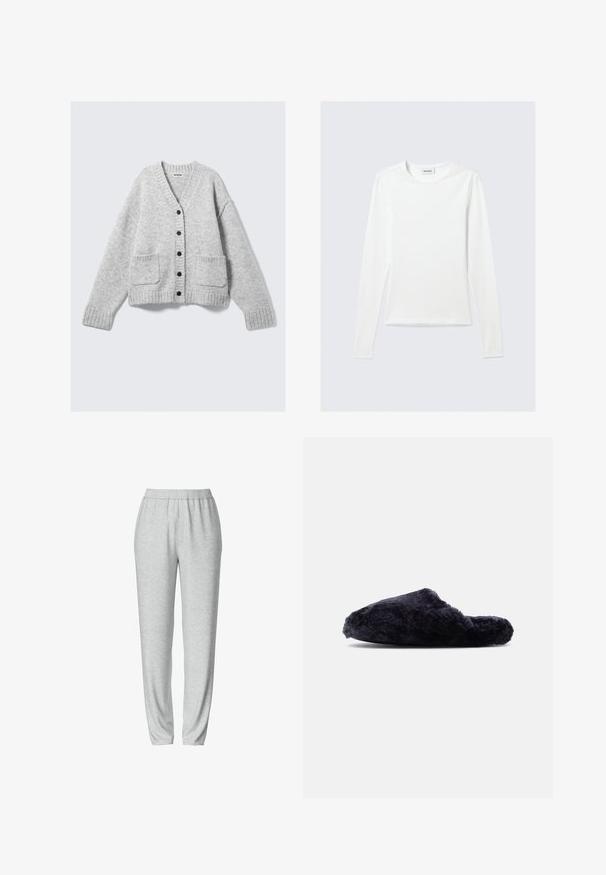 Grå strikket cardigan med V-hals, ribstrikkede ærmekanter og to forlommer. Har seks sorte knapper langs midten. Blød tekstur.; Langærmet, enkel hvid T-shirt med rund halsudskæring og tætsiddende pasform, vist mod en lysegrå baggrund.; Grå sweatsbukser med elastisk talje, tætsiddende bendesign, blød tekstur og ingen synlige mønstre eller hardware detaljer.; Sort, behåret slip-on tøffel med lukket tå og åben hæl, blødt tekstureret stof, vist i sideprofil på hvid baggrund.