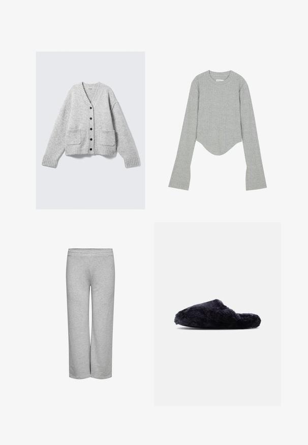 Grå strikket cardigan med V-hals, ribstrikkede ærmekanter og to forlommer. Har seks sorte knapper langs midten. Blød tekstur.; Even&Odd by Zalando Langærmet T-shirt - grey; Grå sweatpants med bred bendesign, blød tekstur og elastisk talje, uden synlige mønstre eller hardwaredetaljer.; Sort, behåret slip-on tøffel med lukket tå og åben hæl, blødt tekstureret stof, vist i sideprofil på hvid baggrund.