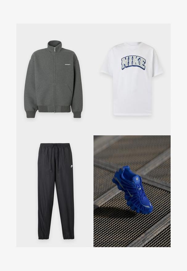 Mikina na zips v tmavosivej farbe, vyrobená z mäkkej látky. Má vysoký golier, dve predné vrecká a malé biele logo na hrudi.; Biele tričko s krátkym rukávom s veľkým zakriveným textom „NIKE“ tučnými, obrysmými písmenami v strede hrude.; Čierne teplákové nohavice so elastickým pásom a nastaviteľným šnúrkou. Jemný, ľahký materiál s malým bielym logom Nike.; Modrá športová topánka s mriežkovým vrchom, textúrovaným dizajnom a výraznou podrážkou, ktorá obsahuje odlišné prvky odpruženia a reflexné akcenty.