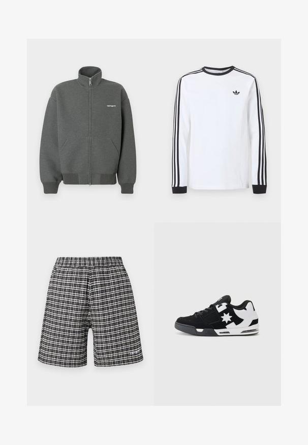 Hættetrøje med lynlås i mørkegrå, lavet af blødt stof. Har en høj krave, to forlommer og en lille hvid logo på brystet.; Hvid langærmet Adidas-trøje med sort rund hals, sorte manchetter, tre sorte striber ned langs ærmerne og sort trekløverlogo på brystet.; Sort-hvide ternede shorts med elastisk talje og lille logo på nederste venstre ben.; Sort og hvid sneakers lavet af ruskind og mesh. Har et fremtrædende stjernelogo og dristige detaljer på siden, samt en polstret sål.