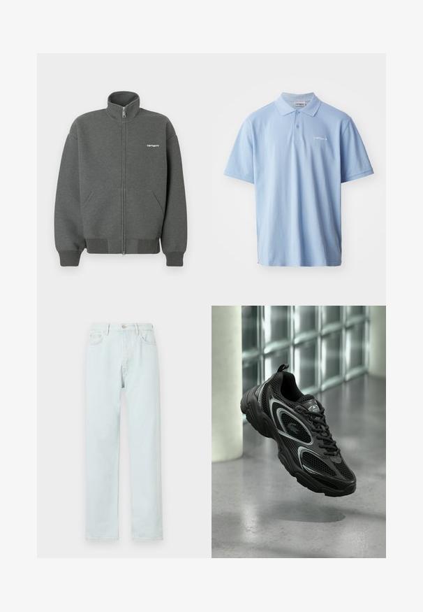 Reißverschluss-Sweatshirt in Dunkelgrau aus weichem Stoff. Verfügt über einen hohen Kragen, zwei Fronttaschen und ein kleines weißes Logo auf der Brust.; Hellblaues Baumwoll-Polohemd mit kurzen Ärmeln, Drei-Knopf-Leiste und gesticktem Logo auf der linken Brust. Glatte Textur.; Helleblau geradlinige Jeans aus Denim mit Knopfverschluß, dezentem Used-Look und Fünf-Taschen-Design.; Schwarzer Sportschuh aus Mesh- und synthetischem Material, mit profilierter Sohle, schlankem Design, silbernen Akzenten und vorderer Schnürung.