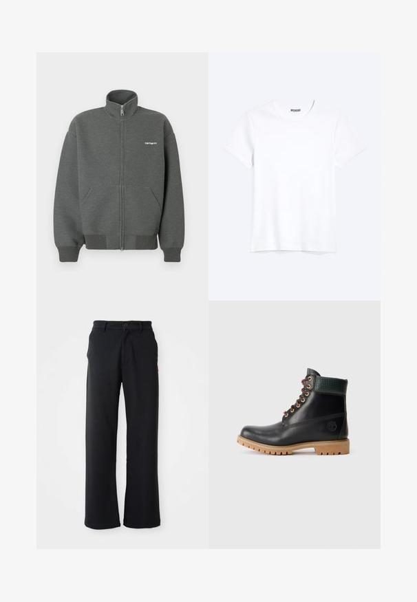 Sudadera con cremallera en gris oscuro, fabricada con tela suave. Cuenta con un cuello alto, dos bolsillos delanteros y un pequeño logo blanco en el pecho.; Camiseta blanca lisa de cuello redondo y manga corta con una etiqueta visible de la marca WEEKDAY en el cuello, mostrada sobre un fondo claro.; Pantalones negros de pierna recta con cierre de botón y cremallera, lazos para cinturón y bolsillos laterales, exhibidos sobre un fondo blanco.; Botín de cuero negro a la altura del tobillo con cordones marrones, cuello acolchado verde y suela de goma color beige con profundos surcos, vista lateral sobre fondo blanco.