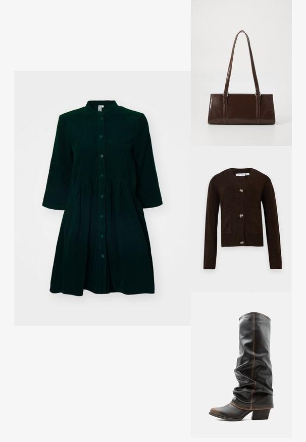 Gilet marron avec un col en V, quatre boutons métalliques et deux poches avant. Poignets et ourlet en côtes ; fabriqué à partir d'un tissu doux.; Robe en velours côtelé vert foncé avec un devant à boutons, col mandarin, manches trois-quarts et taille froncée pour plus de détail.; Botte haute en cuir noir décontractée avec des accents marron, bout pointu et talon empilé sur fond blanc uni.; Sac à main en cuir verni marron de forme rectangulaire, avec deux longues poignées et des accents courbés subtils à l'avant.