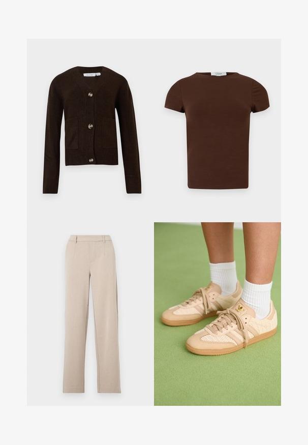 Brun cardigan med V-hals, fire metalknapper og to forlommer. Ribbet manchetter og kant; lavet af et blødt stof.; Brun T-shirt med korte ærmer, rund hals og ensfarvet design med et Topshop-mærke ved halsudskæringen.; Beige skræddersyede bukser med lige ben, glat tekstur, forlommer og bæltestropper. Fremstillet af et let stof.; Fødder iført beige vævede Adidas sneakers med gummisåler og hvide ankelsokker på en grøn struktureret gulv.