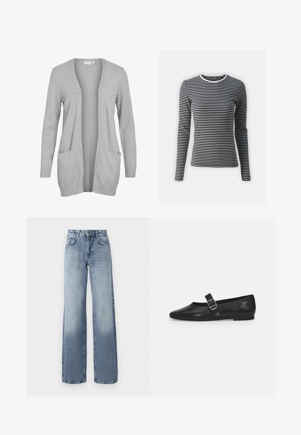 Cárdigan gris con tejido ligero de punto, frente abierto, dos bolsillos delanteros y puños y dobladillo acanalados. Diseño sencillo y casual.; Top de manga larga a rayas horizontales en blanco y negro, con un escote redondo y textura acanalada. Fabricado en tejido elástico.; Jeans de mezclilla azul de pierna ancha con un lavado claro, cierre de cremallera, diseño de cinco bolsillos y un ligero desgaste cerca de los tobillos.; Zapato plano de cuero negro con punta redondeada, una sola correa ajustable con hebilla y una textura suave y brillante. Diseño minimalista con un tacón bajo.