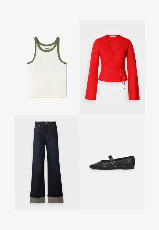 Cardigan enveloppant rouge en tissu texturé. Doté de manches longues, d'un décolleté en V profond et d'une fermeture à nouer à la taille.; Débardeur blanc à côtes avec des bords verts autour de l'encolure et des emmanchures. Étiquette visible à l'intérieur. Design simple et mince, adapté pour le superposition.; Jeans larges taille haute bleu foncé avec une finition brute, présentant des coutures marron clair et un ourlet replié révélant un tissu contrastant.; Chaussure plate en cuir noir avec un bout arrondi, une seule sangle réglable à boucle et une texture lisse et brillante. Design minimaliste avec un petit talon.