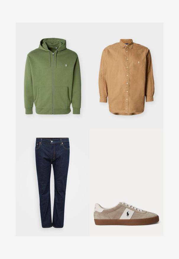 Olivovo zelená mikina na zips s kapucňou so šnúrkami, prednými vreckami a malým bielym logom Polo Ralph Lauren na ľavej strane hrudníka.; Béžová košeľa s dlhým rukávom na gombíky s gombíkovým golierom a malým vyšívaným logom na ľavej strane hrude.; Tmavomodré riflové nohavice so strihom rovného nohu, s viditeľným prešívaním v kontrastnej žltej farbe, piatimi vreckami a predným zapínaním na gombík.; Béžová semišová nízka teniska s bielymi šnúrkami, bielym koženým prvkom s čiernym logom koňa a hnedou gumovou podrážkou.