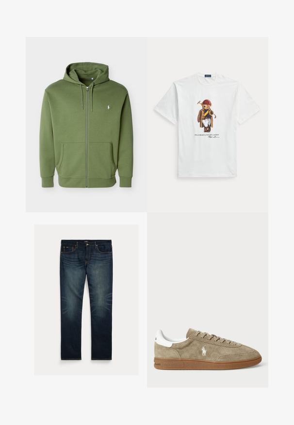 Olivovo zelená mikina na zips s kapucňou so šnúrkami, prednými vreckami a malým bielym logom Polo Ralph Lauren na ľavej strane hrudníka.; Biele tričko s krátkym rukávom s medveďom, ktorý má červenú prilbu, hnedú bundu, biele nohavice a drží palicu na pólo.; Tmavomodré riflové džínsy s priamym strihom nohavíc, jemným vyblednutím v oblasti kolien a oranžovým prešívaním na vreckách a švoch.; Semišové tenisky v béžovej farbe s bielymi detailmi, s okrúhlou špičkou a viazaním. Obsahujú embosované logo a gumovú podrážku pre lepšiu trakciu.