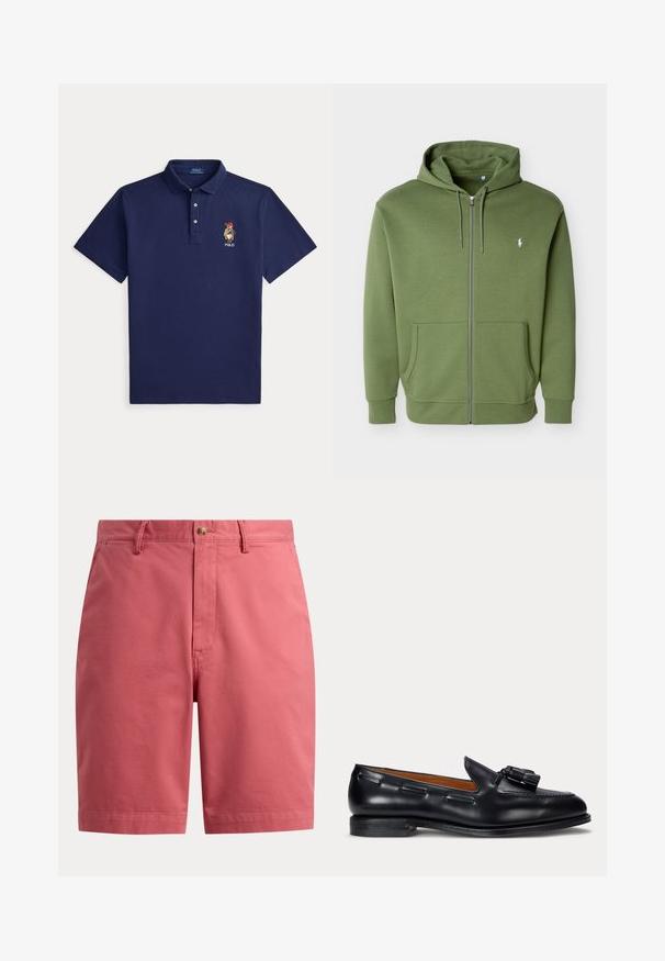 Sudadera con capucha color verde oliva con cremallera, capucha con cordón, bolsillos frontales y pequeño logo blanco de Polo Ralph Lauren en el pecho izquierdo.; Polo azul marino de manga corta con cuello, tres botones y pequeño oso bordado que lleva un sombrero y bufanda rojos en el pecho izquierdo.; Pantalones cortos para hombre de color rosa coral hasta la rodilla con cierre de botones, trabillas para cinturón y bolsillos laterales delanteros, mostrados sobre un fondo blanco.; Mocasín negro de cuero con detalle de borlas y tacón bajo, visto de lado contra un fondo sencillo.
