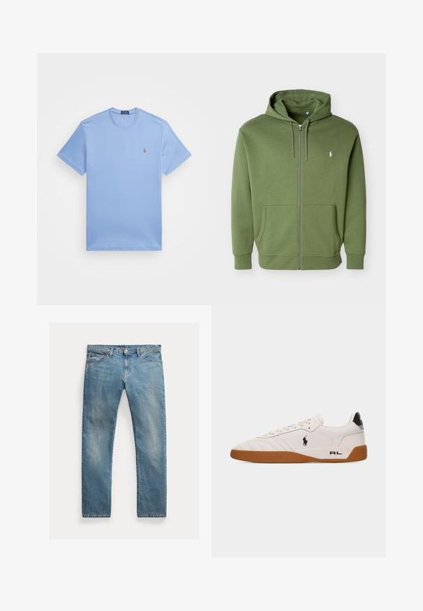 Olivovo zelená mikina na zips s kapucňou so šnúrkami, prednými vreckami a malým bielym logom Polo Ralph Lauren na ľavej strane hrudníka.; Svetlomodré tričko s krátkymi rukávmi vyrobené z bavlnenej zmesi. Má okrúhly výstrih a malé vyšívané logo na ľavej hrudi.; Svetlomodré riflové nohavice s rovnými nohavicami, zapínanie na gombíky, päť vreciek, jemné vyblednutie a akcenty v šití.; Biela nízka teniska s hnedou gumovou podrážkou, čiernym logom Polo Ralph Lauren na boku a textom „RL" na päte.