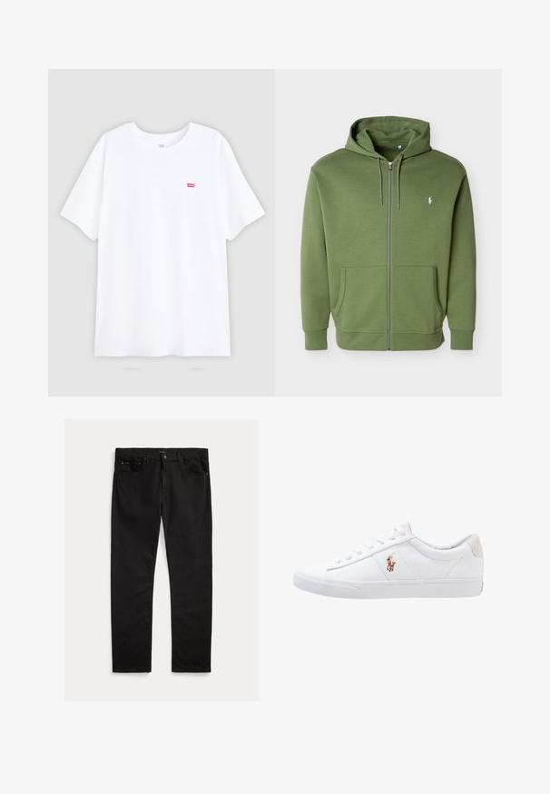 Olivengrøn lynlåshoodie med snøre i hætten, forlommer og lille hvid Polo Ralph Lauren logo på venstre bryst.; Hvid bomulds t-shirt med korte ærmer og rund halsudskæring. Har et lille rødt Levi's logo på venstre bryst. Flad design, uden mønstre.; Sorte denim jeans med lige ben, fem-lomme design og subtil tekstur. Metalknap og lynlås lukning.; Hvide kanvas sneakers med lågtop design, prydet med en beige hælkappe og et lille broderet logo på siden. Gummisål.