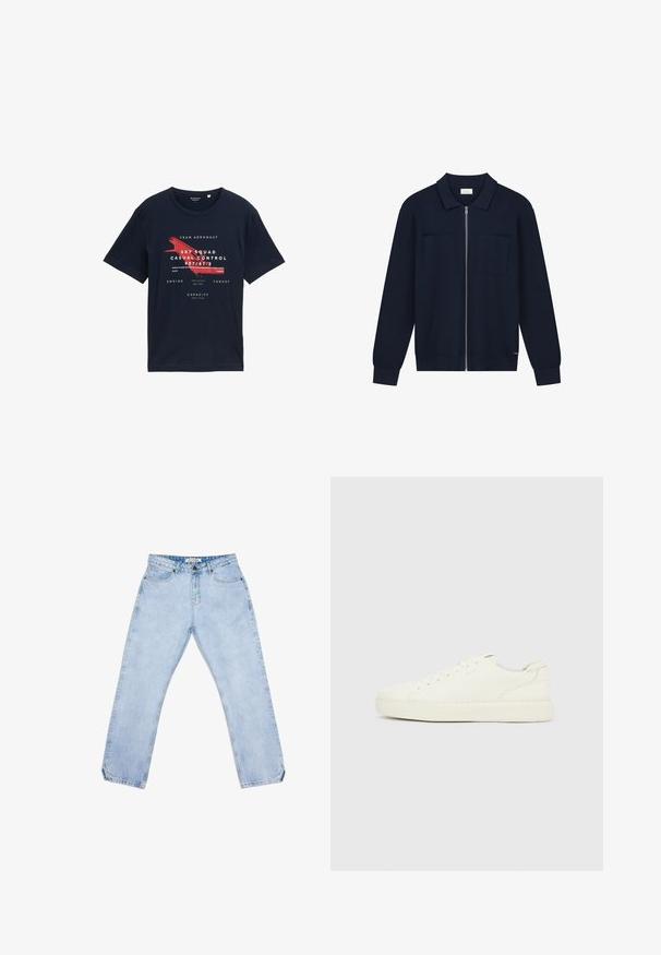 Marineblaue Zip-Jacke mit Kragen, zwei Fronttaschen, gerippten Bündchen und glatter Textur. Schlichte Gestaltung ohne sichtbare Muster.; Navyblaue Baumwoll-T-Shirt mit Rundhalsausschnitt, kurzen Ärmeln und grafischem Frontdruck mit roten Akzenten sowie details im Luftfahrt-Thema.; Hellblaue Jeans aus Denim mit geradem Bein, ausgestattet mit fünf Taschen, einem Knopfverschluss und dezentem Verblassen. Keine sichtbaren Muster oder Logos.; Weißer Sneaker in niedriger Ausführung mit Schnürverschluss, glattem Lederobermaterial und dicker Gummisohle, von der Außenseite vor einem einfarbigen Hintergrund gezeigt.