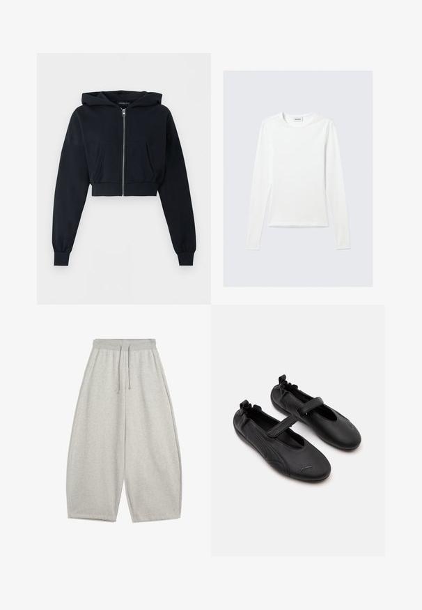 Zwarte cropped hoodie met ritssluiting aan de voorkant, kangoeroezak, lange mouwen en geribde boorden op een effen achtergrond.; Effen wit shirt met lange mouwen en ronde hals, slim fit, afgebeeld tegen een lichtgrijze achtergrond.; Lichtgrijze wijde sweatpants met elastische tailleband en trekkoord, voorzien van zijzakken en een ontspannen pasvorm.; Paar zwarte leren Mary Jane-schoenen met elastische hiel en verstelbare band, met Puma-logo op het teenstuk.