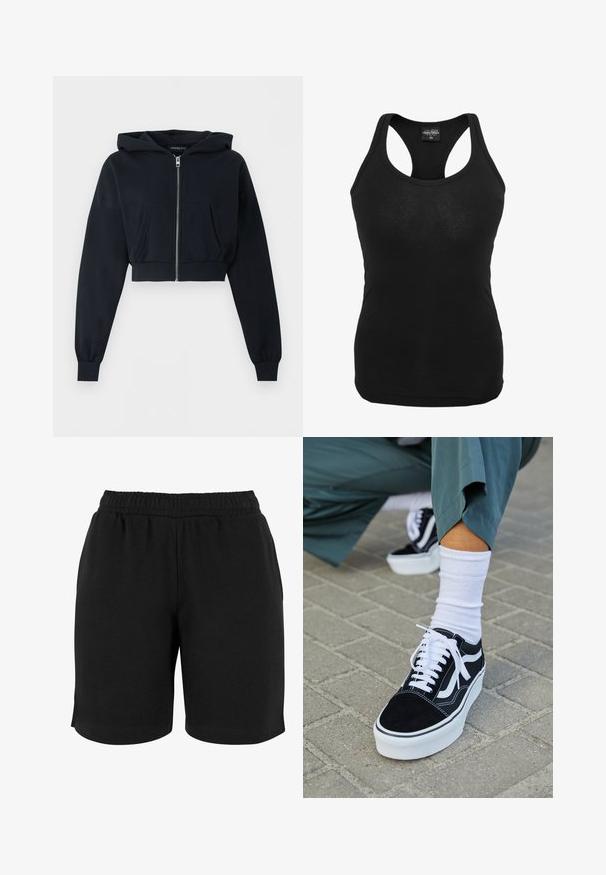 Sort cropped hættetrøje med lynlås foran, kengurulomme, lange ærmer og ribkant ved ærmeenderne på ensfarvet baggrund.; Sort tanktop lavet af blødt stof, med racerback-design og tætsiddende form. Glat overflade uden synlige mønstre eller hardware.; Sorte bomulds shorts med elastisk talje, der har en glat tekstur og en simpel pasform. Ingen lommer eller udsmykninger er synlige.; Sorte ruskinds sneakers med hvide accenter og snørebånd, der har en tyk hvid sål og kontrasterende syninger, parret med en hvid sok.