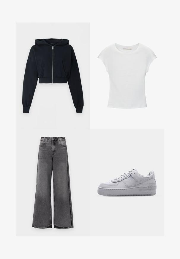 Sort cropped hættetrøje med lynlås foran, kengurulomme, lange ærmer og ribkant ved ærmeenderne på ensfarvet baggrund.; Hvid bomuld t-shirt med korte, opsmøgede ærmer, rund halsudskæring og lige kant. Glat tekstur uden synlige mønstre eller detaljer.; Videbenede jeans i falmet sort denim. Har høj talje, forlommer og lige snit. Struktureret stof med synlige syninger.; Grå Nike Air Force 1 sneakers med perforeret tå, glat læderoverdel, tyk sål og præget 'AIR' detalje på hælen.