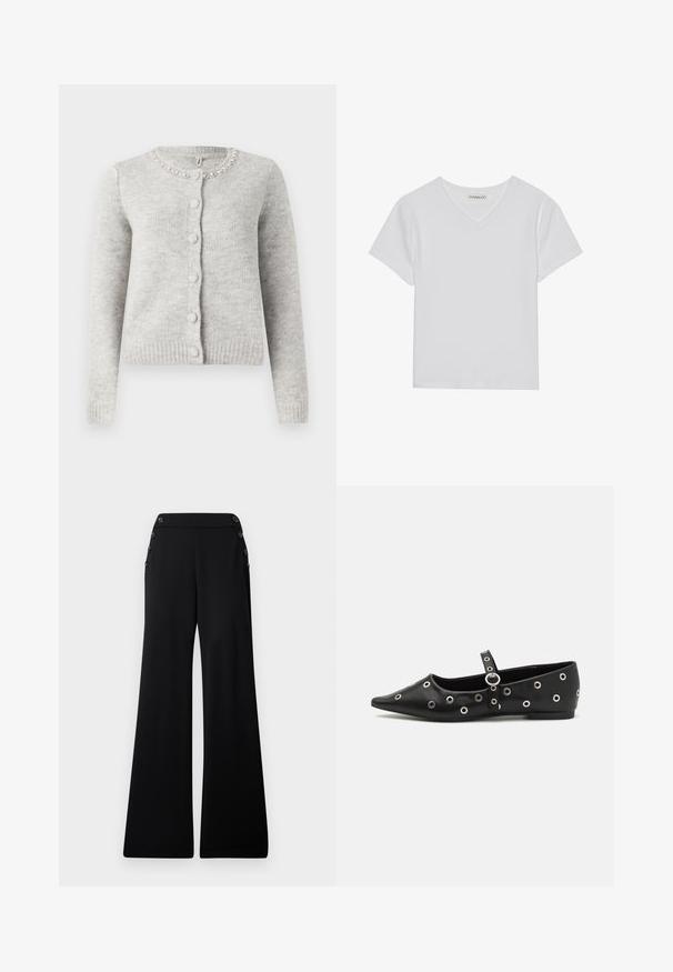 Lysegrå cardigan med rund hals, knaplukning, ribbet kant og udsmykket halslinje med perlelignende accenter. Blød tekstur.; Hvid kortærmet V-hals t-shirt lavet af ribbet stof. Har et rent design med en lige kant og minimal detaljer.; Sorte brede bukser med høj talje og dekorative knapper langs de øverste sidesømme, præsenteret på en hvid baggrund.; Sort læder fladsko med spids tå, prydet med dekorative sølv øjer og et justerbart bånd over anklen.