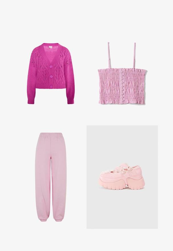 Cardigan de punto rosa con escote en V, que presenta diseños de calados y tres botones morados a juego en la parte delantera. Puños y dobladillo acanalados.; Top corto rosa con tirantes finos, textura fruncida de tela, rayas verticales y una fila central de botones forrados.; Urban Classics Pantalones deportivos - softpink; Zapato de plataforma gruesa en color rosa con doble hebilla en forma de corazón, bordes de encaje y suela gruesa esculpida, sobre un fondo blanco liso.