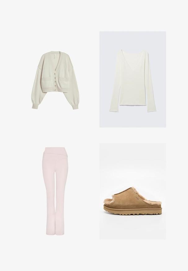 Lichtbeige cropped vest met lange pofmouwen, geribbelde manchetten, twee zakken aan de voorkant en vijf knopen in het midden.; Wit nauwsluitend topje met lange mouwen, diepe V-hals en licht uitlopende mouwen, weergegeven op een effen lichtgrijze achtergrond.; Lichtroze uitlopende broek met een brede tailleband en een gladde textuur. Heeft een schoon, gestroomlijnd ontwerp zonder extra versieringen.; Beige suède instappantoffel met zachte fleece voering en rubberen zool, met een UGG-logo aan de zijkant, op een effen witte achtergrond.