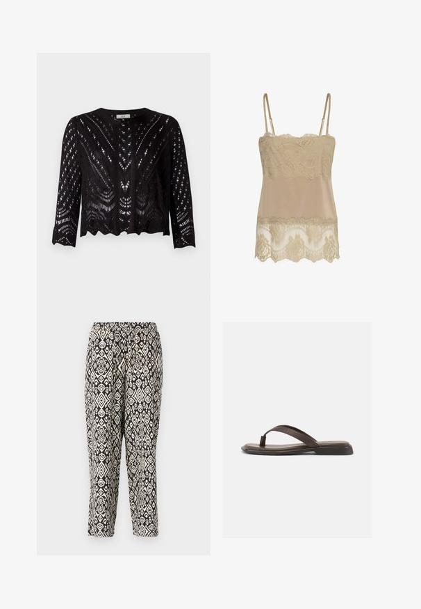 Cárdigan corto negro con un diseño de punto de encaje, que presenta mangas largas, un cuello redondo y un dobladillo ondulado. Detallado con patrones de calado.; Top camisola beige con tirantes finos que presenta detalles de encaje en el pecho y el dobladillo con patrones florales y bordes festoneados.; Pantalones de patrón negro y crema. Cuentan con una cintura elástica y un diseño geométrico repetido con diamantes y motivos florales.; Sandalia de cuero marrón con suela negra plana y una correa ancha en la parte superior, mostrada de perfil sobre fondo blanco.