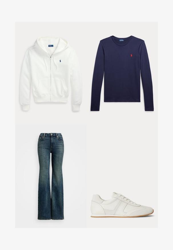 Biela mikina na zips s prednými vreckami, kapucňou so šnúrkou a malým modrým logom Polo Ralph Lauren na hrudi.; Tmavomodré tričko s dlhým rukávom a okrúhlym výstrihom s červeným vyšitým logom Polo Ralph Lauren na ľavej strane hrude.; Rozšírené modré denimové džínsy s vysokým pásom, vybavené piatimi vreckami a vyšívacími detailmi. Látka má klasickú bledú textúru.; Biela nízka teniska so šnurovaním vpredu, zsemišovými a koženými panelmi a svetlohnedou gumovou podrážkou na bielom pozadí.