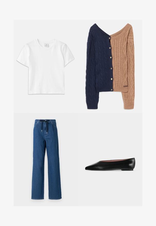 Cardigan bicolore avec un côté bleu marine et l'autre côté marron clair. Design en tricot torsadé avec des boutons le long du côté bleu marine.; T-shirt en coton blanc avec un col rond, des manches courtes et un ourlet droit. Étiquette marquée "Won Hundred" au centre de l'encolure.; Pantalon en denim bleu foncé à jambes larges, avec une taille élastique à cordon de serrage et des poches avant. Le tissu a une texture lisse avec des détails de couture subtils.; Chaussure plate en cuir noir pour femme, avec bout pointu et petit talon, vue de côté sur un fond gris clair uni.