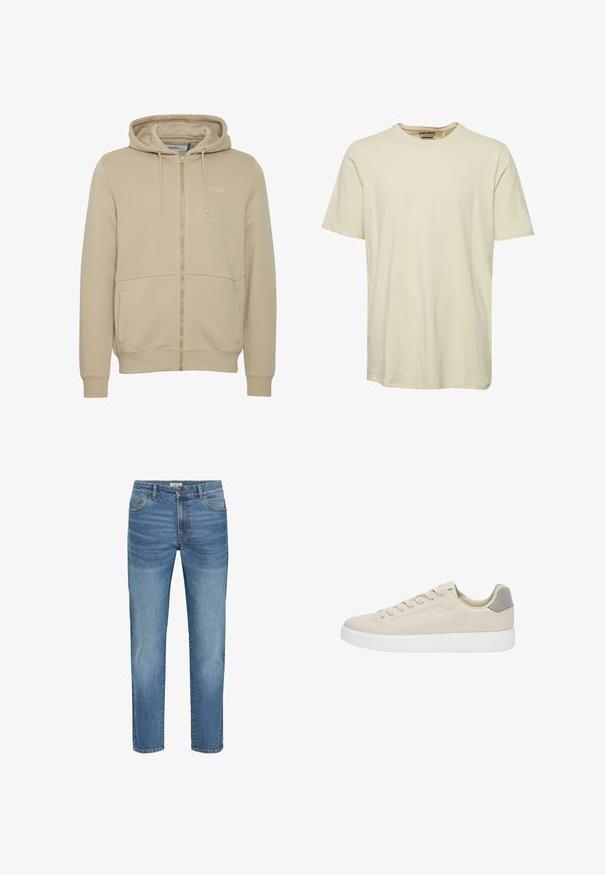 Beige zip-up hoodie lavet af en bomuldsblanding, med en hætte med snor, to forlommer og diskret logo-detaljering på brystet.; Lys beige bomulds t-shirt med rund hals, korte ærmer og en afslappet pasform. Glat tekstur og minimalistisk design, uden mønstre eller accenter.; Lysblå denim jeans med et klassisk lige ben-design, der har fem lommer, metalknaplukning og en let falmning på stoffet.; Beige ruskinds sneakers med hvide gummisåler, der har et lavtopdesign og grå accent på hælen. Snørebåndlukning med minimal syning.