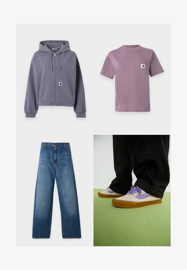 Lilla hættetrøje med lynlås lavet af blød bomuld. Har en forlommer, justerbar snorehættet og ribkantede ærmegab. Indeholder Carhartt logo-etiket.; Lilla bomulds T-shirt med rund hals, korte ærmer og en lomme på venstre bryst med et logo mærke. Glat tekstur, afslappet pasform.; Blå viddebenede denimjeans med høj talje, knaplukning, bæltestropper og subtil falming på lårene og knæene.; Lyse beige sneakers med lilla accenter, gummisål og flade snørebånd. Båret med sorte bukser, vist på en grøn struktureret overflade.