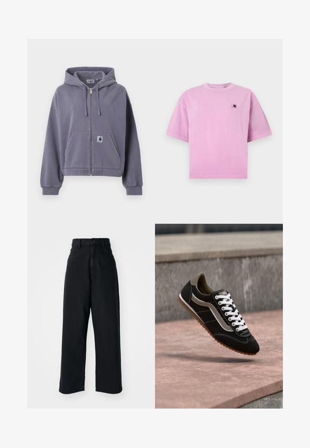 Lilla hættetrøje med lynlås lavet af blød bomuld. Har en forlommer, justerbar snorehættet og ribkantede ærmegab. Indeholder Carhartt logo-etiket.; Lyserød bomulds t-shirt med korte ærmer, rund halsudskæring og en lille logo patch på venstre bryst. Glat tekstur og afslappet pasform.; Sorte højtaljede vid ben jeans med frontlommer og knaplukning, præsenteret mod en plain hvid baggrund.; Sort og beige sneaker med hvide snørebånd og gummisål, svævende over en stensurface og grå betonbaggrund.