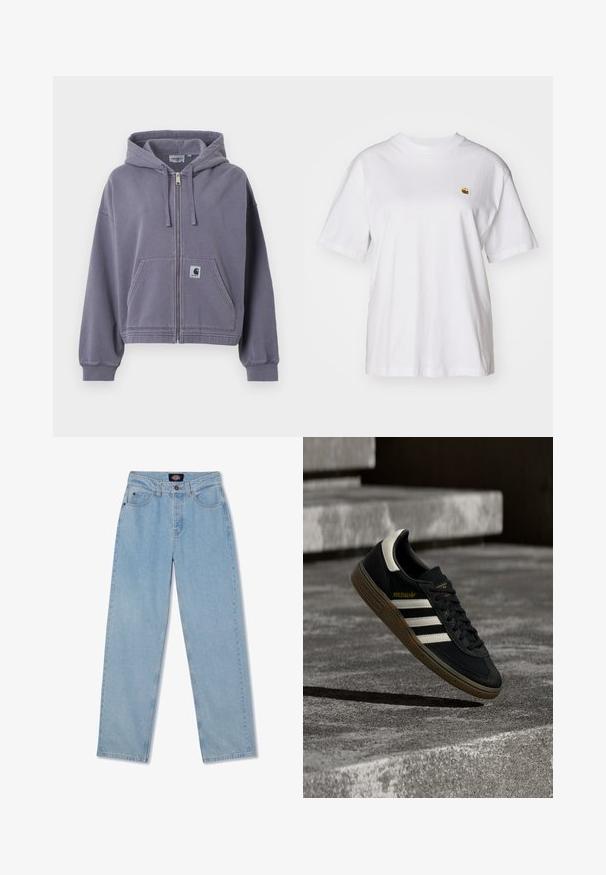 Fialová mikina na zips vyrobená z jemnej bavlny. Má predné vrecko, nastaviteľnú kapucňu so šnúrkou a rebrované manžety. Obsahuje záplatu s logom Carhartt.; Biely bavlnený tričko s voľným strihom, krátkymi rukávmi a malým vyšitým logom na ľavej strane hrude.; Svetlomodré džíny z denimu so strihom do rovna, s piatimi vreckami, zapínaním na gombík a jemným vyblednutím na prednej strane.; Čierna teniska značky Adidas s bielymi pruhmi a gumovou podrážkou vznášajúca sa nad sivými betónovými schodmi za prirodzeného svetla.