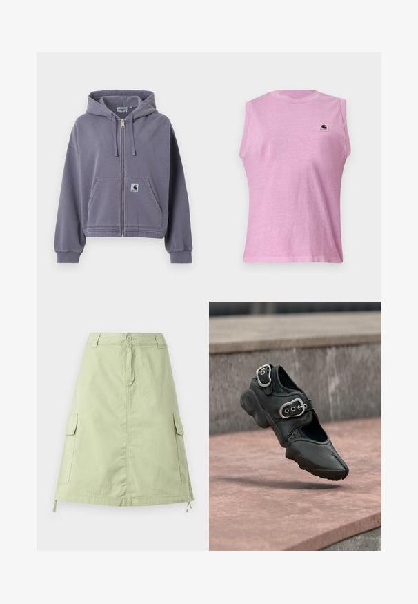 Paarse hoodie met ritssluiting, gemaakt van zacht katoen. Voorzien van een voorzak, verstelbare trekkoordkap en geribbelde manchetten. Inclusief Carhartt-logo patch.; Mouwloze lichtpaarse shirt met ronde hals en Carhartt logo op de linkerborst, weergegeven op een effen achtergrond.; Lichtgroene katoenen knie-lange rok met twee zijcargo pockets, een knoopsluiting en een relaxte rechte pasvorm. Effen textuur.; Zwarte schoen met gespleten teen, twee zilveren gespen, dikke zool en geperforeerde details, zwevend boven een stenen oppervlak.