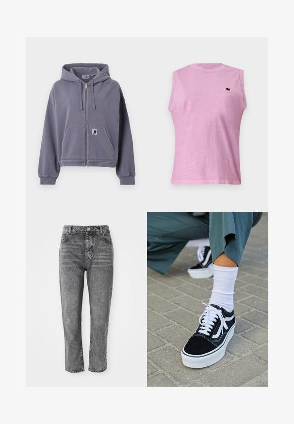 Fialová mikina na zips vyrobená z jemnej bavlny. Má predné vrecko, nastaviteľnú kapucňu so šnúrkou a rebrované manžety. Obsahuje záplatu s logom Carhartt.; Bezrukávové svetlofialové tričko s okrúhlym výstrihom a nášivkou s logom Carhartt na hornej ľavej strane hrude, zobrazené na jednoliatom pozadí.; Sivé džíny s vysokým pásom, rovný strih nohavíc, so prednými vreckami a malým kovovým gombíkom na páske.; Čierne semišové tenisky s bielymi akcentmi a šnúrkami, s hrubou bielou podrážkou a kontrastným prešívaním, doplnené o bielu ponožku.