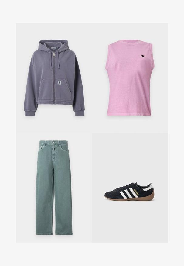 Fialová mikina na zips vyrobená z jemnej bavlny. Má predné vrecko, nastaviteľnú kapucňu so šnúrkou a rebrované manžety. Obsahuje záplatu s logom Carhartt.; Bezrukávové svetlofialové tričko s okrúhlym výstrihom a nášivkou s logom Carhartt na hornej ľavej strane hrude, zobrazené na jednoliatom pozadí.; Svetlozelené nohavice širokého strihu z denimu s gombíkovým zapínaním, štyrmi vreckami a jemnými vyšívacími detailmi, vyrobené z hladkej bavlnenej látky.; Čierna semišová teniska s tromi bielymi pruhmi, gumovou podrážkou a malým zlatým logom na boku. Má hladkú čiernu vnútornú podšívku.