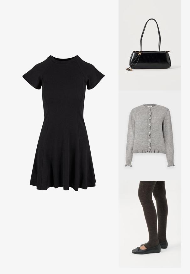Cárdigan de punto gris con escote redondeado, tapeta de botones con bordes ondulados y puños con volantes. Presenta pequeños botones rosas y un dobladillo acanalado.; Vestido negro de manga corta con un cuerpo ajustado y falda acampanada, hecho de un tejido suave y elástico. Diseño sencillo sin patrones ni acentos.; Piernas con leggings oscuros acanalados combinados con bailarinas negras que presentan pequeños detalles de lazo sobre un fondo blanco.; Bolso rectangular negro con dos tirantes largos, detalle de anilla dorada y cierre de cremallera sobre un fondo liso claro.