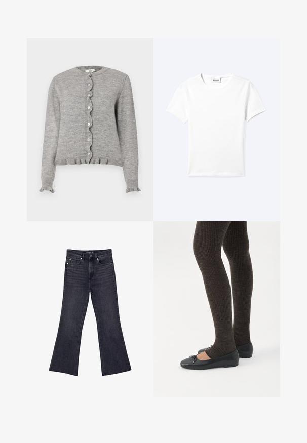 Grå strikket cardigan med rund halsudskæring, bølget knapstolpe og flæseærmer. Har små lyserøde knapper og ribbet kant.; Ensfarvet hvid t-shirt med korte ærmer og rund halsudskæring med en lille "WEEKDAY" label indeni halskanten, vist fladt på en lys baggrund.; Sorte højtaljede jeans med flagrende ben, fem-lomme design og knaplukning, størrelse 38, lagt fladt på en hvid baggrund.; Ben iført mørke ribbede leggings kombineret med sorte balletsko med små sløjfedetaljer på hvid baggrund.