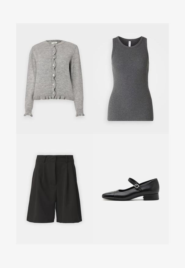 Grå strikket cardigan med rund halsudskæring, bølget knapstolpe og flæseærmer. Har små lyserøde knapper og ribbet kant.; Grå ærmeløs tanktop lavet af ribbet materiale; har en rund halsudskæring og et tætsiddende design. Ingen mønstre eller yderligere detaljer.; Sorte shorts med et skræddersyet design, der har læg foran, en bred talje, og en glat overflade. Ingen synlige lommer.; Sorte læder Mary Jane-sko med en patenttå, justerbar ankelrem og lav blokhæl. Glat tekstur og strømlinet design.