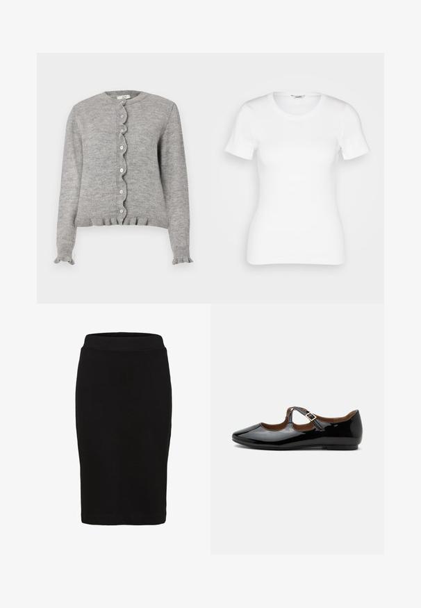 Grå strikket cardigan med rund halsudskæring, bølget knapstolpe og flæseærmer. Har små lyserøde knapper og ribbet kant.; Hvid bomulds T-shirt med korte ærmer, rund halsudskæring og ribbet tekstur. Tætsiddende design med en glat, ren finish.; Sort knælang pencilskørt med en tætsiddende linning og glat stof, vist mod en hvid baggrund.; Sort laklæder Mary Jane-flad sko med to udskæringer og en guldbuckelrem på hvid baggrund.